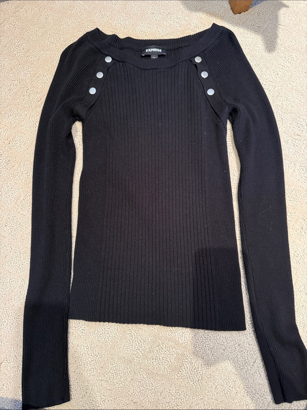 Express Black Off-the-Shoulder Ribbed Sweater with Button Detail